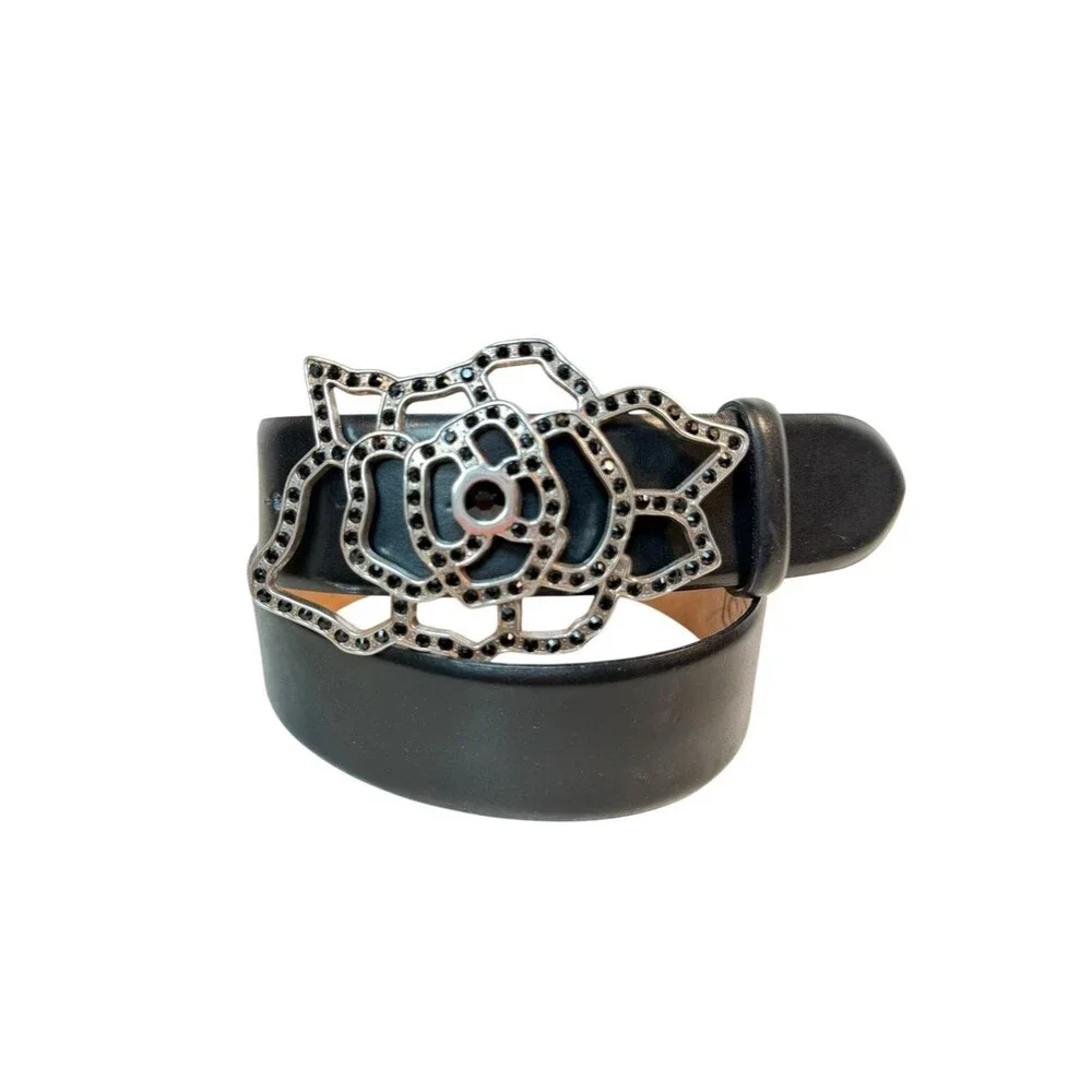 Carlisle Black Leather Belt Sz M Rose Cutout Silver Buckle Black Rhinestones